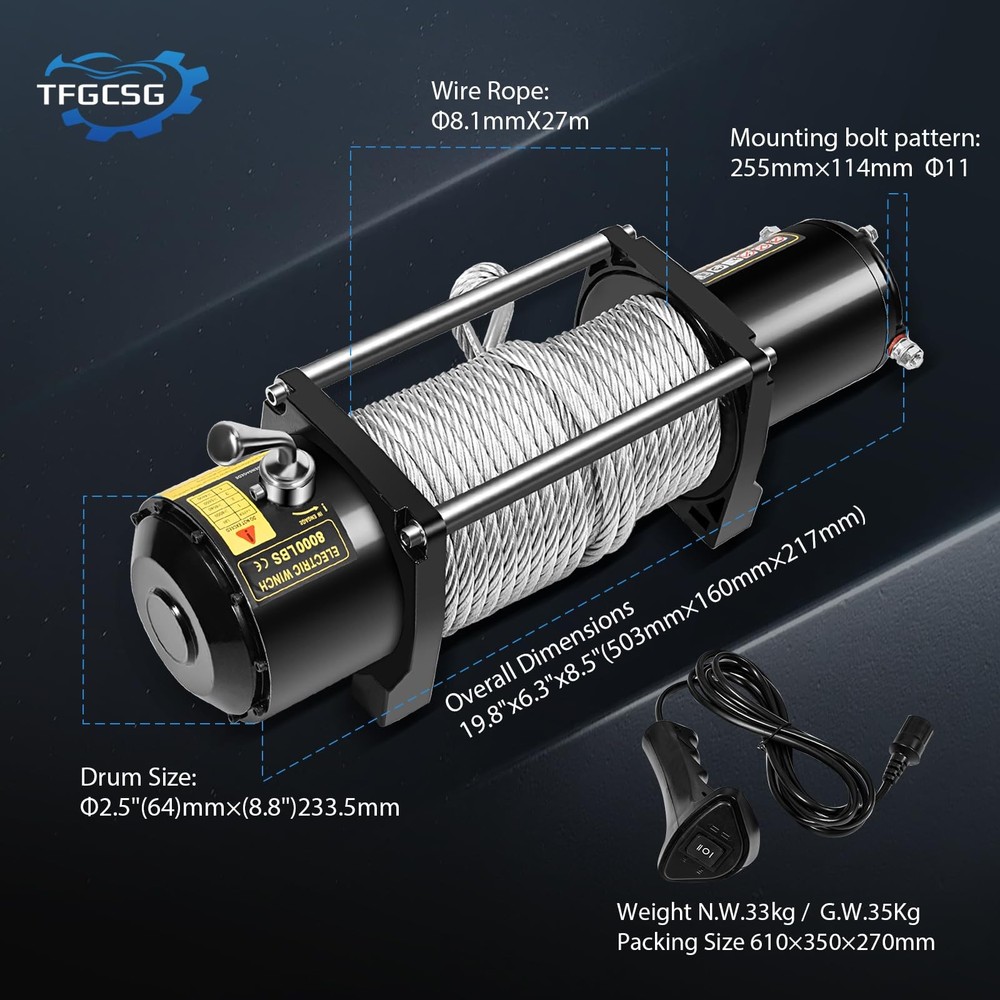 8000LBS Winch Kit Steel Cable Wireless Remote Control Box