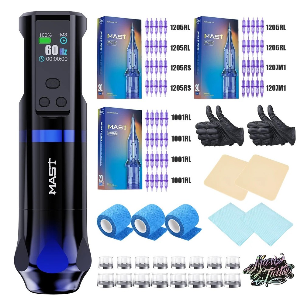 Mast Hertz Adjustable Frequency Wireless Tattoo Machine Pen Needles Battery Kit