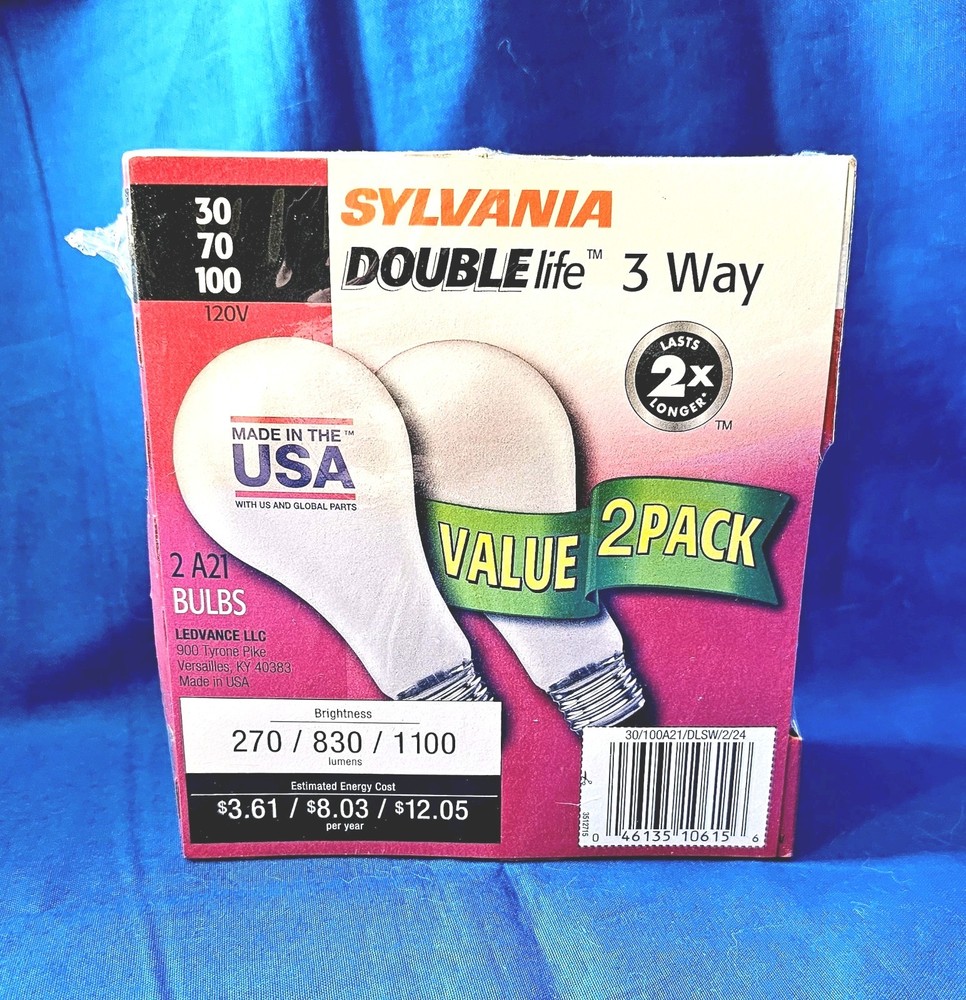 (2 Pk) Sylvania 3 Way Light Bulbs 30/70/100 Watt NEW Double Life A21 Sealed NOS