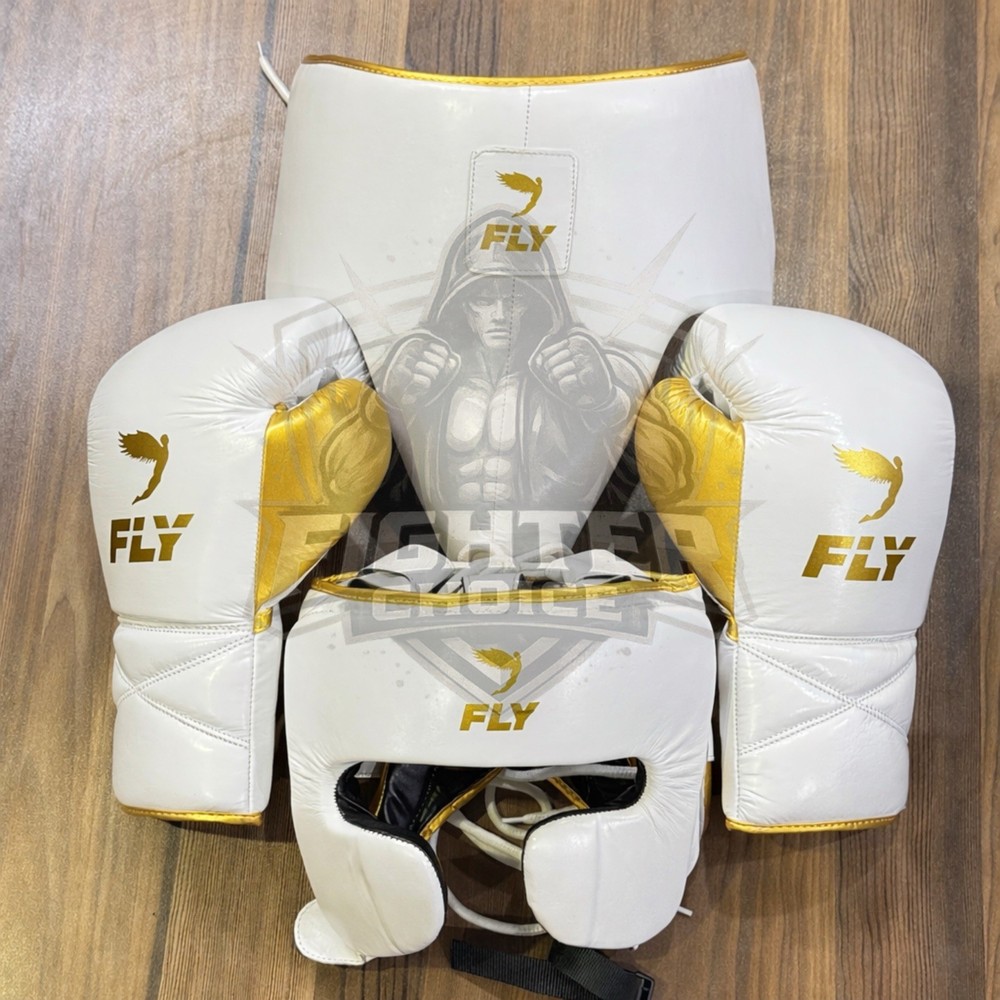 Fly Boxing Set White Gold Cowhide Leather Sparring & Training