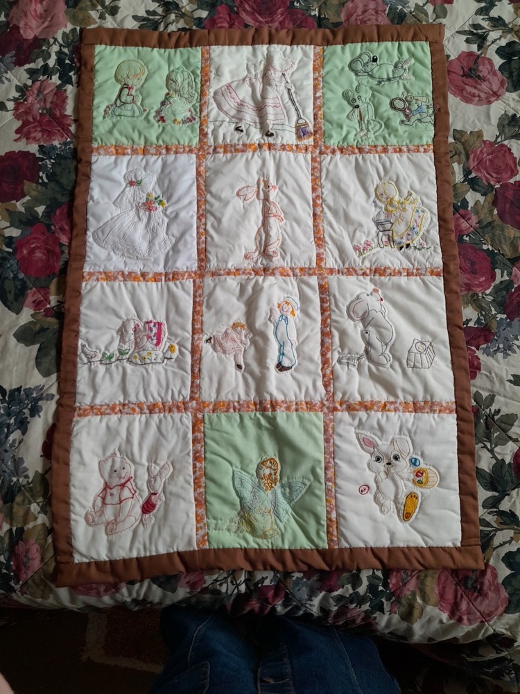 Vintage Handmade Embroidered Patchwork Crib Cot Pram Cover