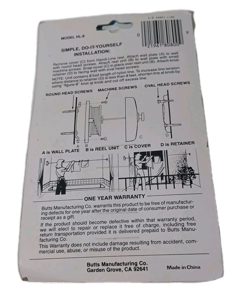 Vtg Butts Handi-Line Single 8' Retractable Clothesline H-8 Open Box