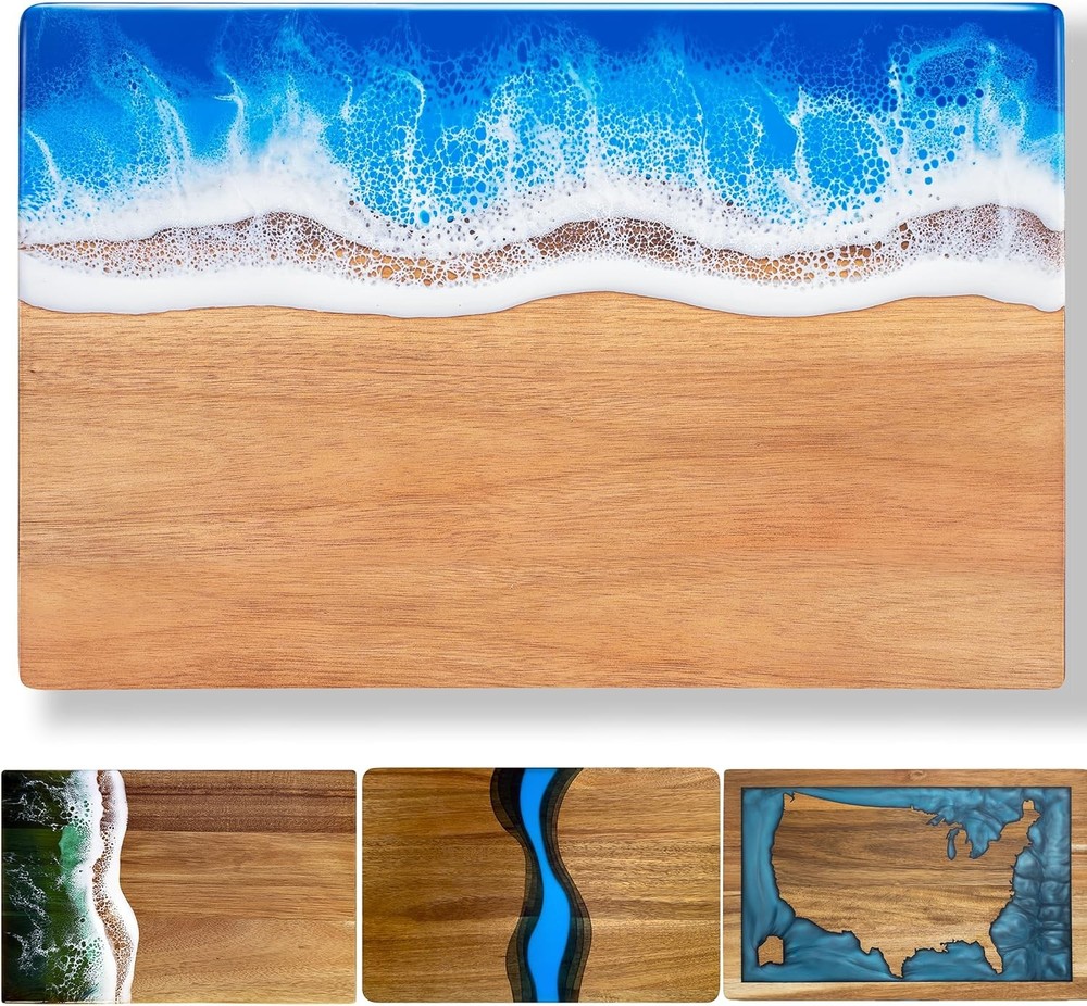 Handcrafted Acacia Wood Cutting Board Resin Blue Wave Pattern