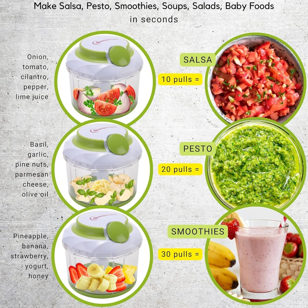 Brieftons QuickPull Manual Food Chopper: Large 4-Cup Powerful Hand Pull Chopper/