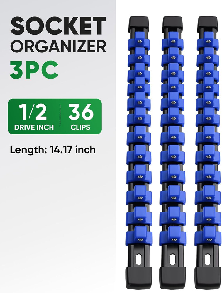 3PC ABS Socket Organizer, Socket Rails Fit 1/2 Inch Drive, Heavy Duty Socket Hol
