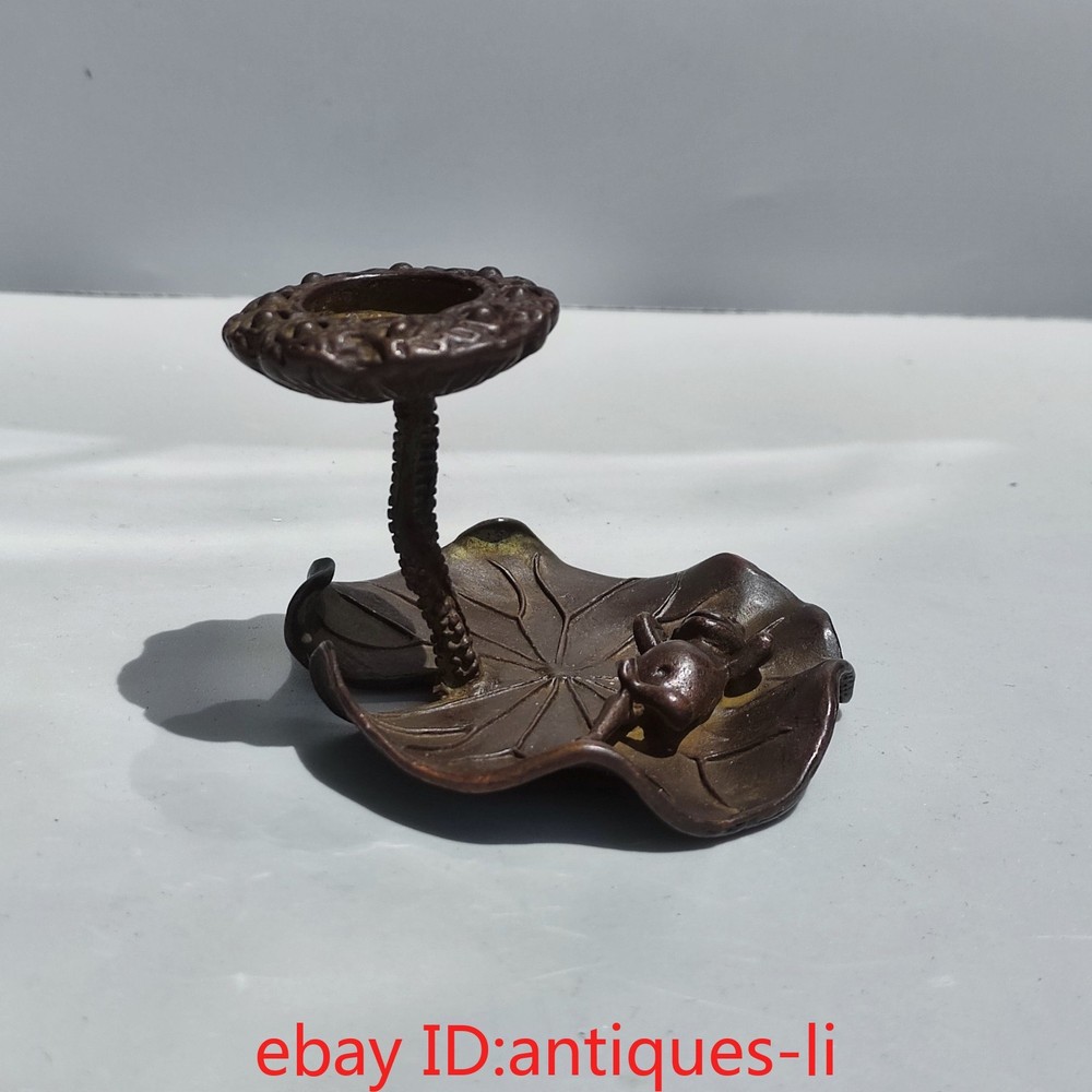 China antique purple copper solid lotus leaf frog shape backflow incense stick