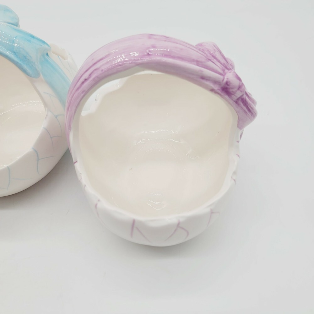 Three Ceramic Easter Egg Baskets Purple Blue Orange Ribbons K's Collection