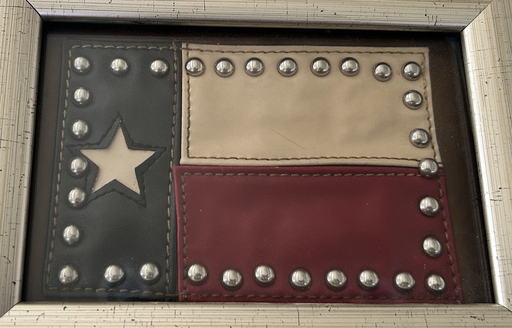 Framed Vintage TEXAS State Flag, Leather, Metal Studs, Unique Small