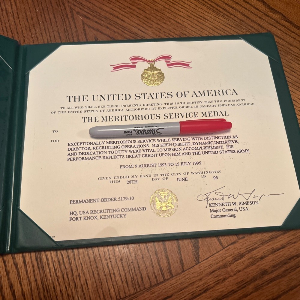 US ARMY CERTIFICATE LAMINATED PLAQUE FOLEY MERITORIOUS SERVICE CERTIFICATE