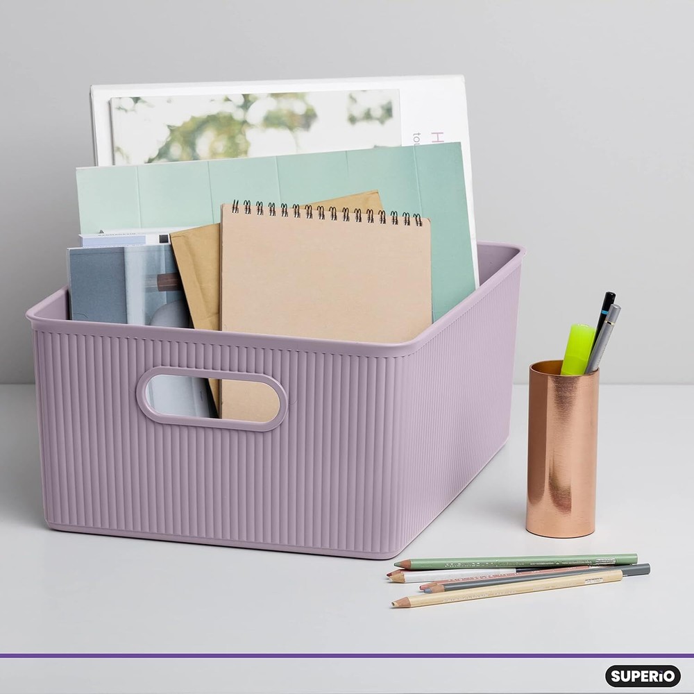 Superio 15L Medium Ribbed Storage Bin- Plastic Storage Bin (6 Pack, Lilac)