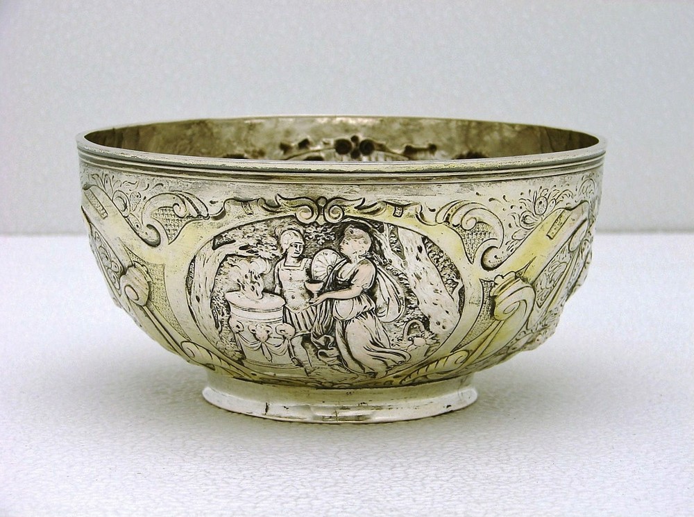 European Hallmarked Solid Silver Hand Crafted Bowl with Chased Figural Scenes