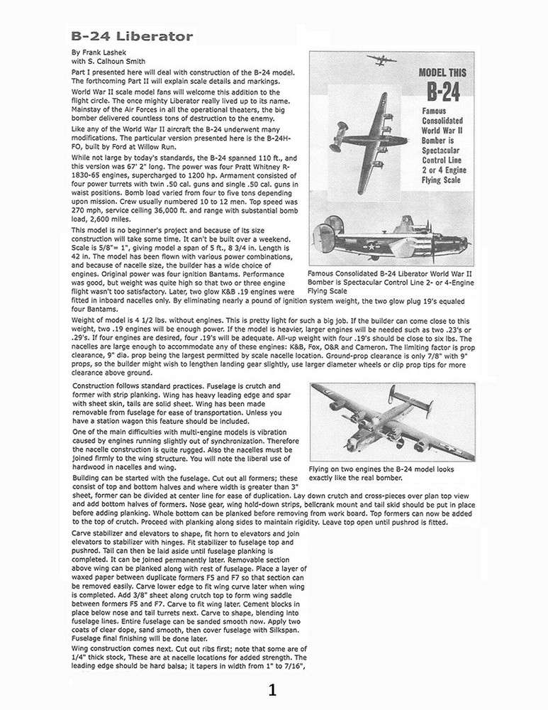 Model Airplane Plans (UC): B-24 Liberator 73" Bomber 5/8"=1' Scale 2-4 Engines