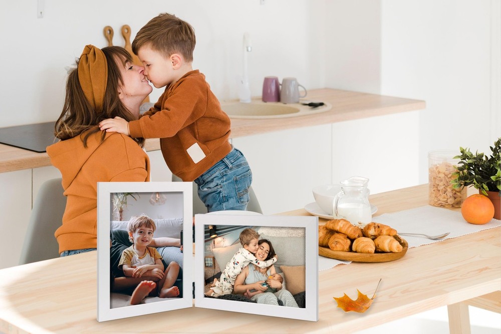Vertical Horizontal Combo, Double 5x7 White Wood Foldable Picture Frame, Open...