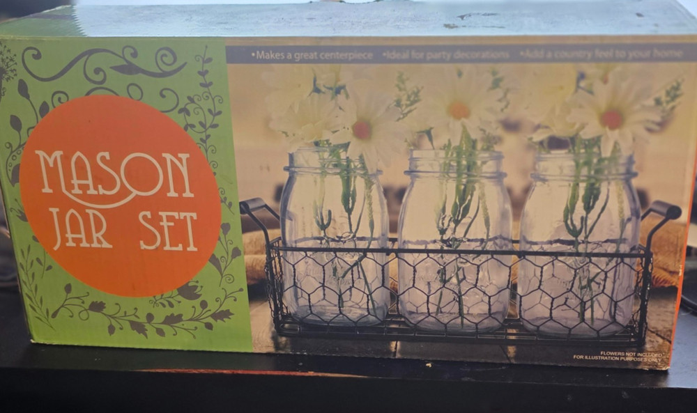 Metal wire Basket and 3 Mason Jars