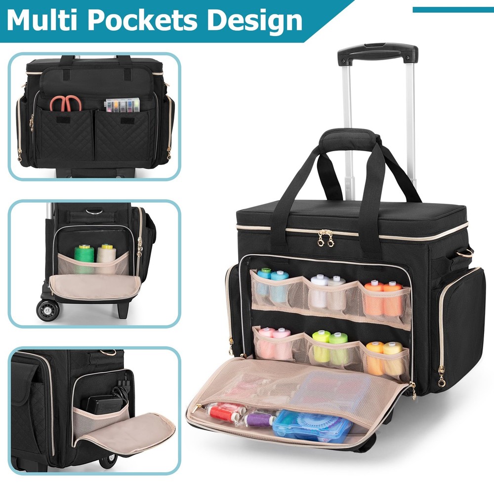 Rolling Sewing Machine Case with Multiple Pockets Bag Wheels and Strap LUXJA