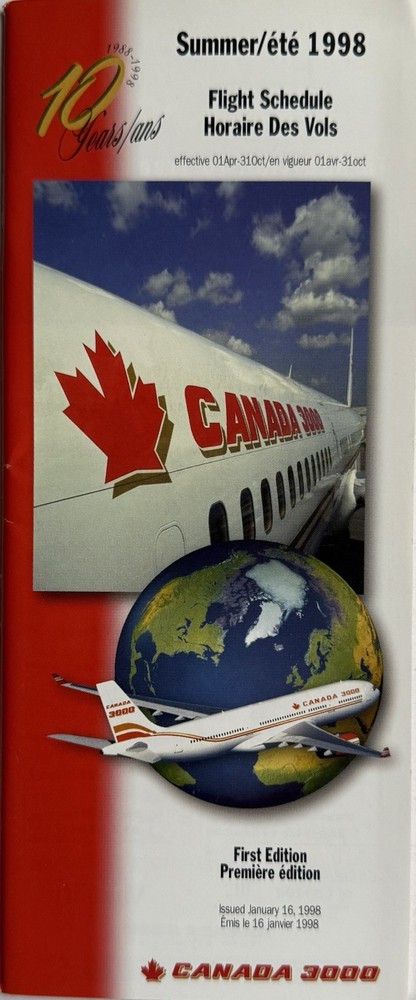 Canada 3000 Airlines Timetable - Summer 1998