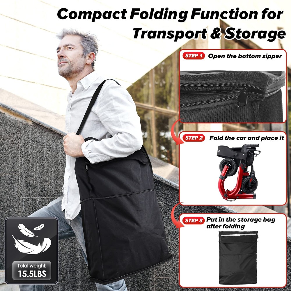 Rollator Walker Storage Bag – Expandable Organizer with Shoulder Strap & Refl...