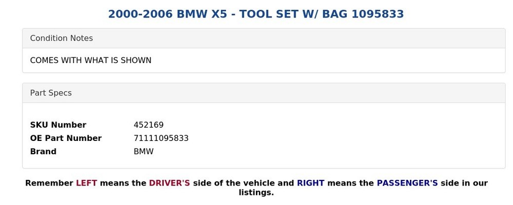 2000-2006 BMW X5 - TOOL SET W/ BAG 1095833