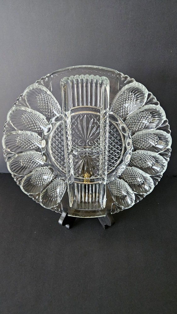 Vintage Mid Century LE Smith Clear Glass Deviled Egg Plate Platter Heritage