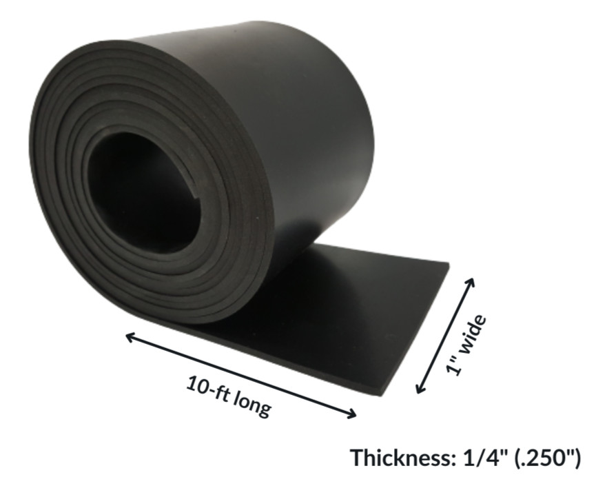 Neoprene Rubber Strip Solid 1/4" Thick x 1" wide x 10 ft long 60A Duro, Black
