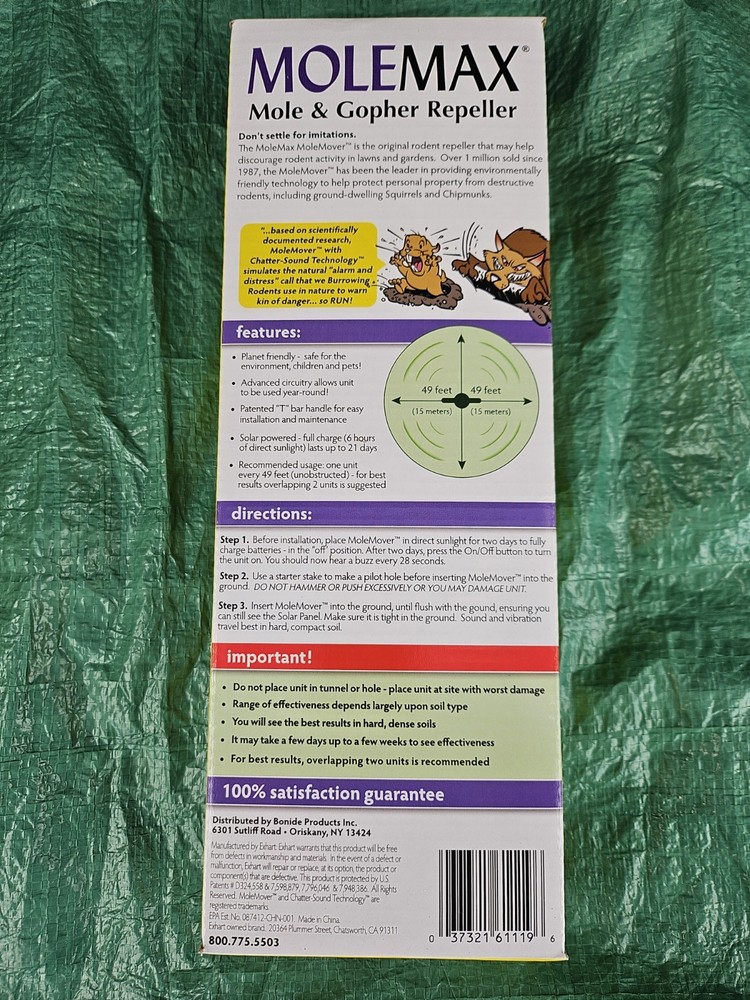 New Bonide Molemax Mole & Gopher Repeller Sonic Spike Protects up to 7500 Sq ft.