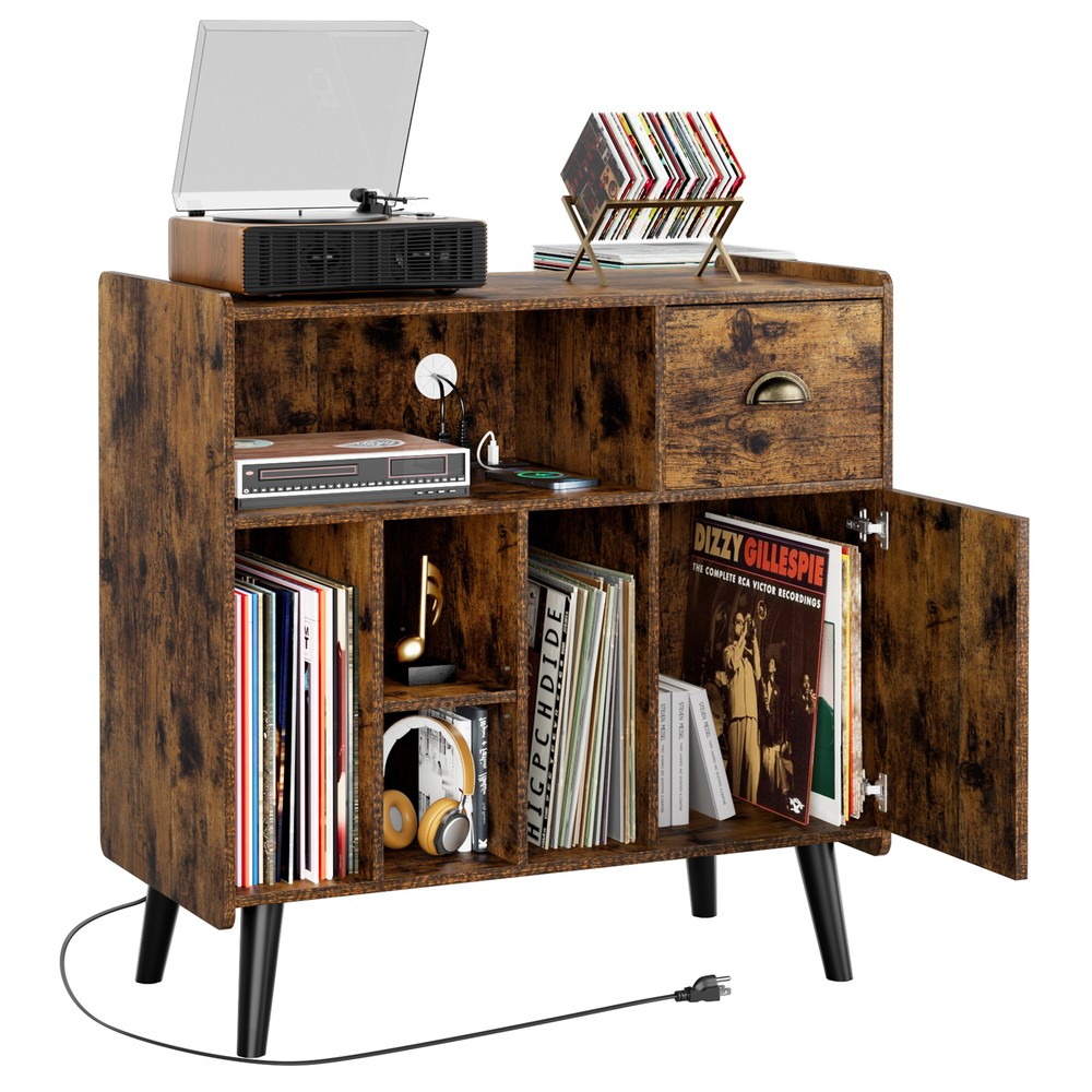 Large Record Player Stand Vinyl Record Storage Table Power Outlet Display Shelf