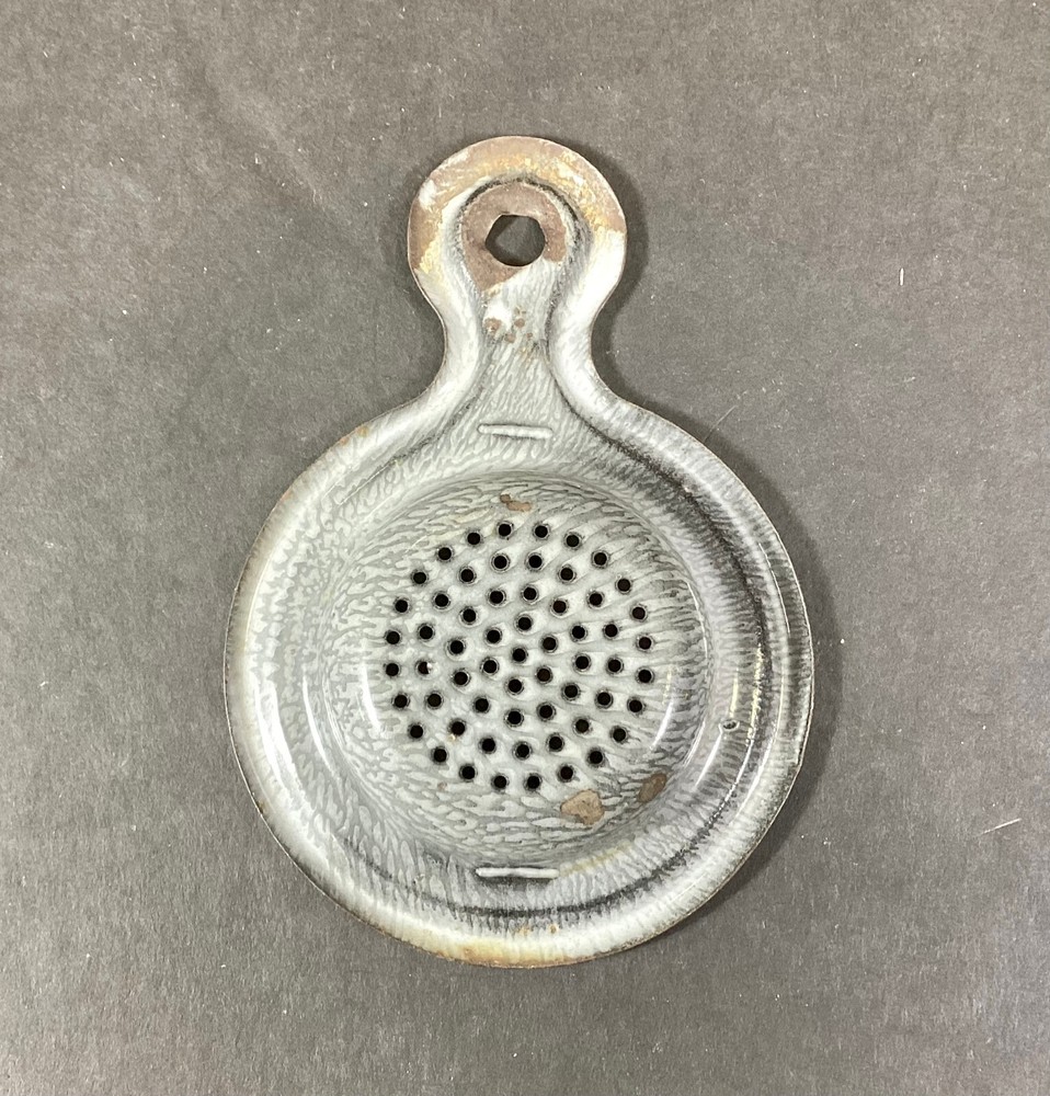 Antique Graniteware Gray Enamelware Tea Strainer Primitive Kitchen Tool