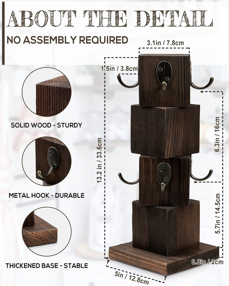 PUERSI Coffee Mug Holder for Counter, Rustic Solid Wood Mug Tree, Farmhouse W...