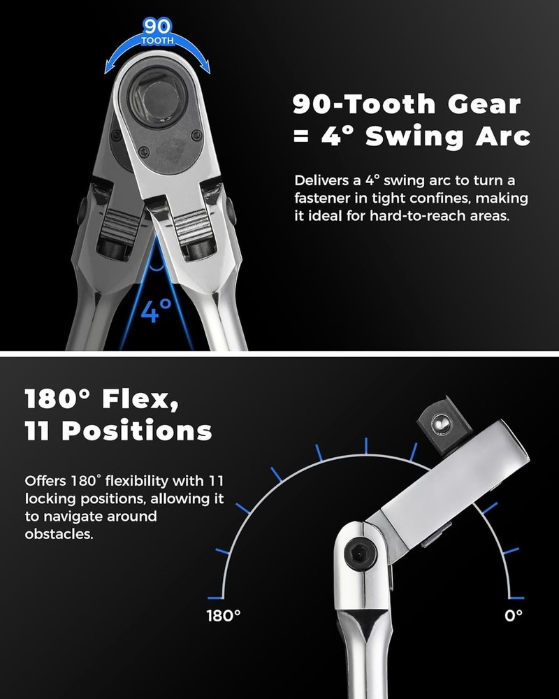 3/8" Drive Flex Head Ratchet Wrenches, 90 Tooth Compact Flex Head Socket Ratc...
