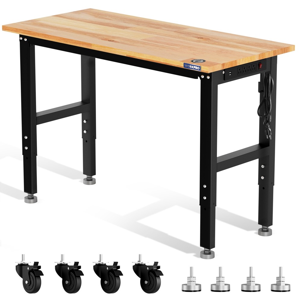 WORKPRO Adjustable Height Workbench 48"X22" Work Table With Wheels Leveling Foot
