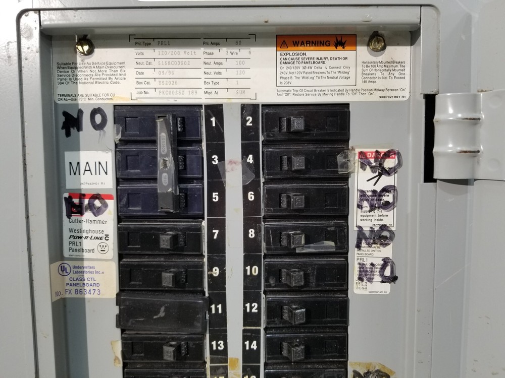 CH/Cutler Hammer PRL1 Main Panel With Breakers 80 Amp 120/208 Volt 3 Phase 4 W