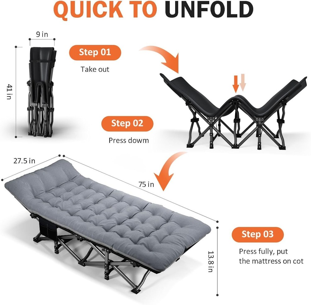 Camping Cot Adults W/ Cushion Comfortable Portable Folding Bed Sleeping Supports