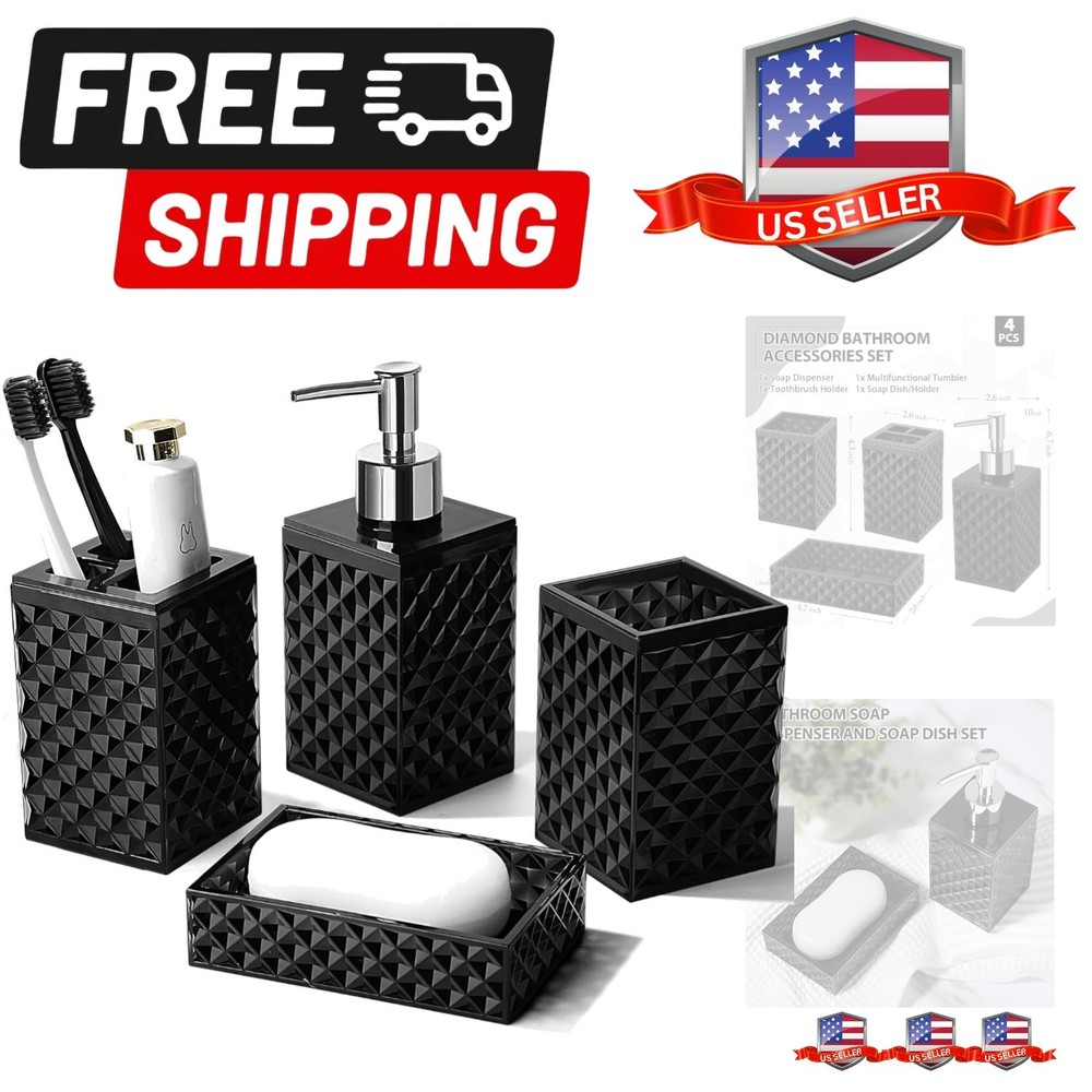 Black Bathroom Accessories Set, 4 Pack Matte Black Bath Accessory Sets Comple...