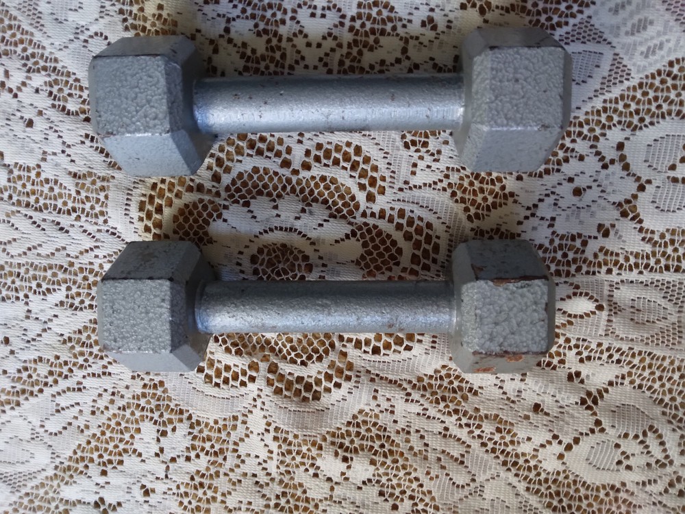 2 Vintage Silver Cast Iron 5 Pound Hex Dumbbell Weights