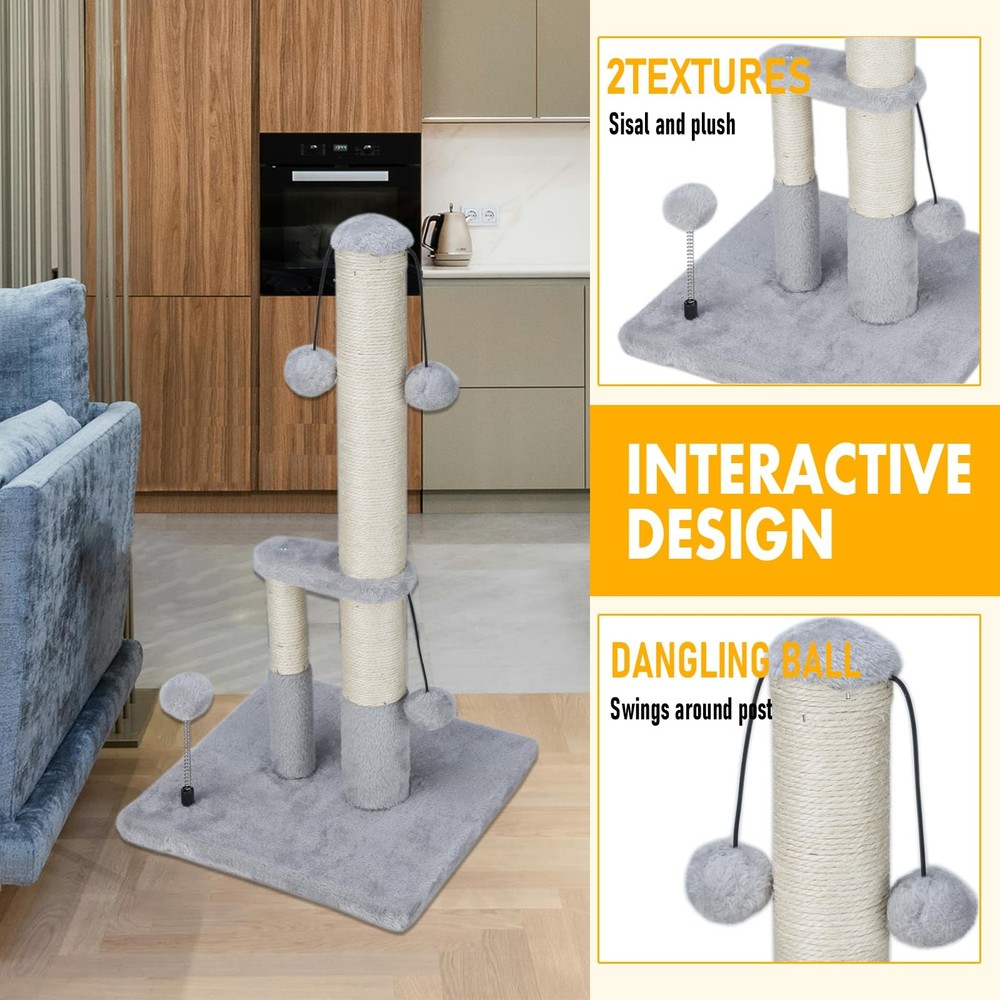 Dimaka Tall Cat Scratching Post, Double Lower Posts Extra Stable Grey