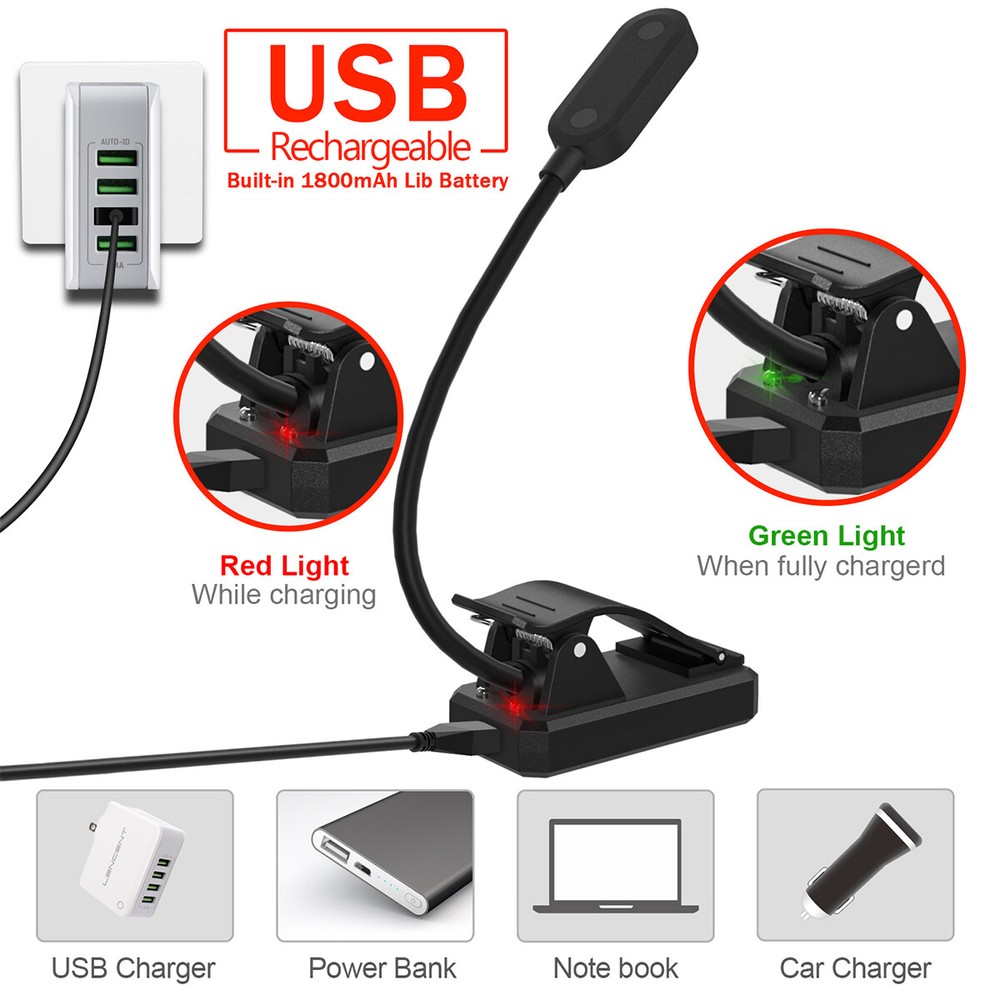 LENCENT 9 LED Clip Book Light 12 Modes USB Rechargeable Reading Light Black