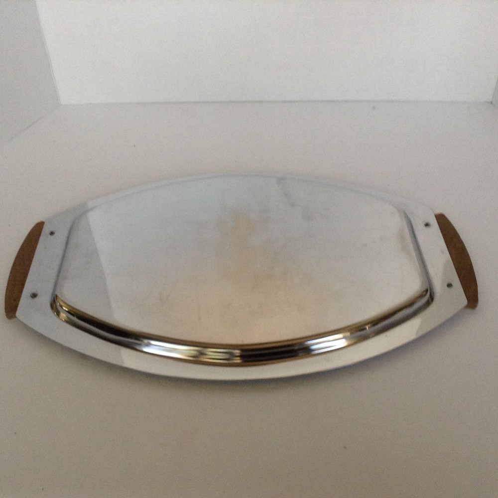 VTG MCM Stainless Kormax Tray w/Teak Handle MId Century Modern Oval Rectangular