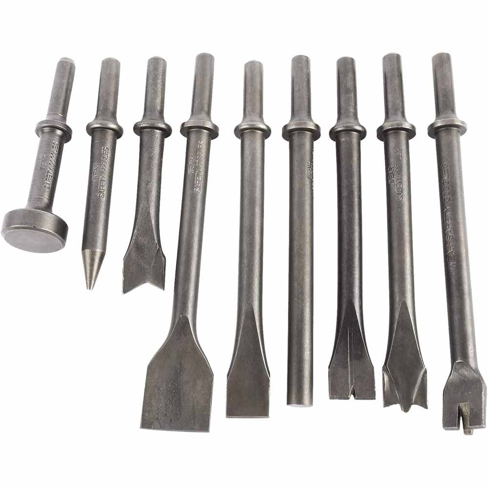 9Pcs Pneumatic Air Hammer Punch Chipping Bits Tool Chisel 0.39In Shank Tool Set