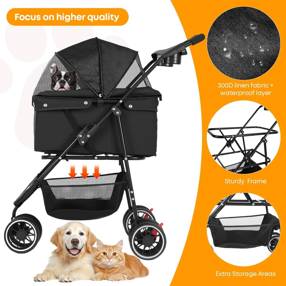 Pet Stroller Dog Stroller Small Medium Dog Cat 3 Wheels Foldable with Canopy