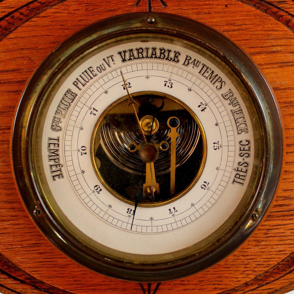 Antique French Solid Oak Aneroid Wall Barometer with Ceramic Dial