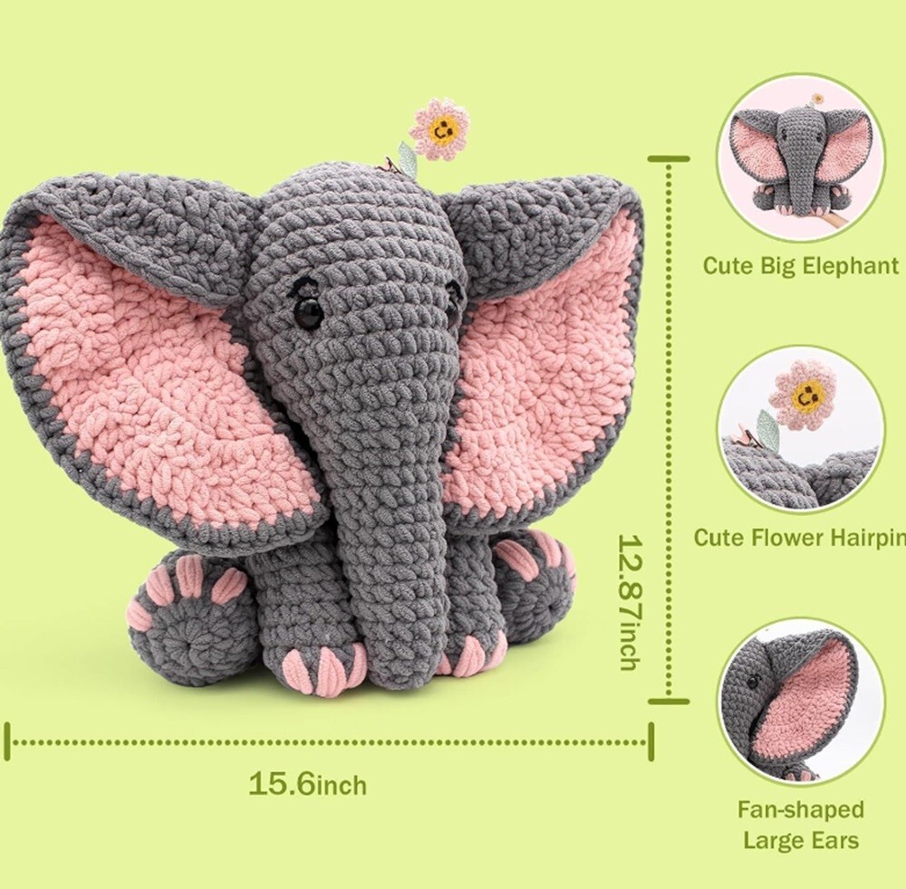 13″ Elephant Amigurumi Crochet Kit – Beginner Yarn Set with Video Tutorials