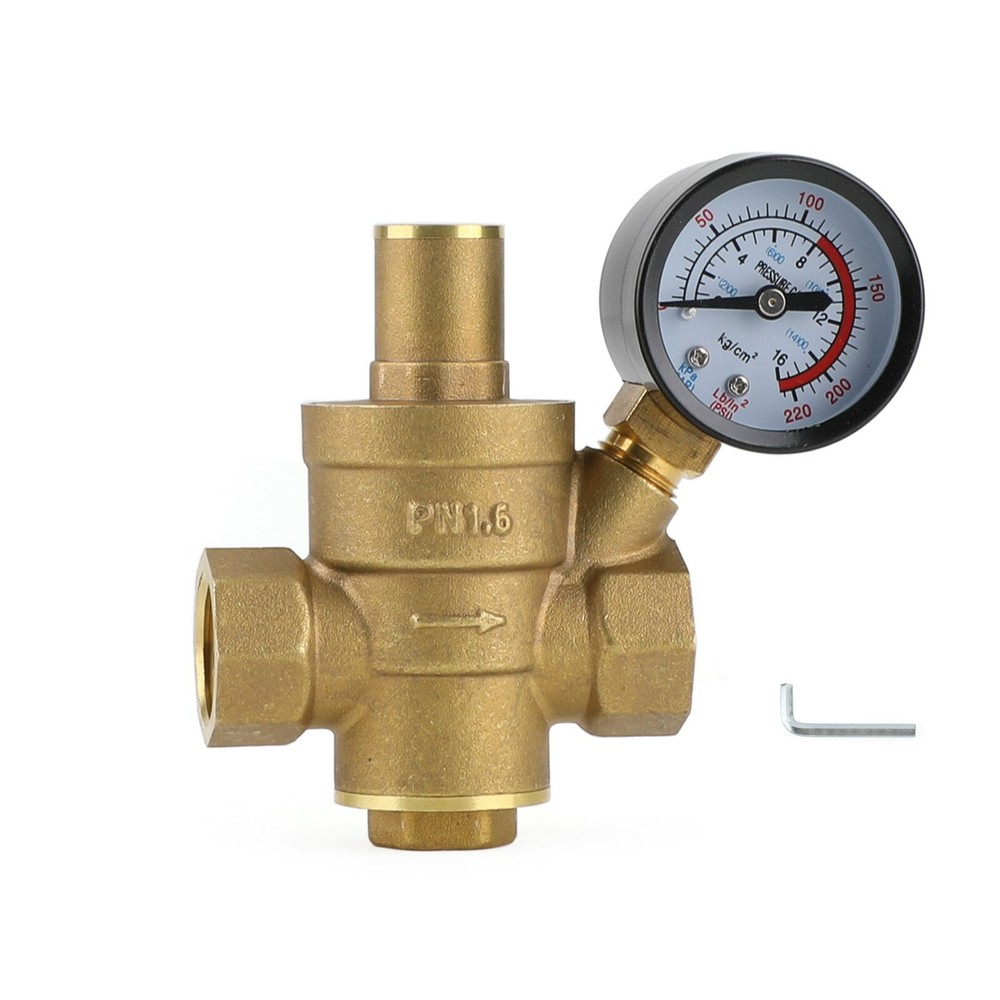 DN15 Brass Adjustable 1/2" Water Pressure Regulator Reducer With Gauge Meter