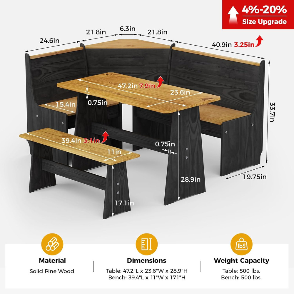Solid Wood Corner Breakfast Nook Table Set for 4-6, Space Saving Black Booth
