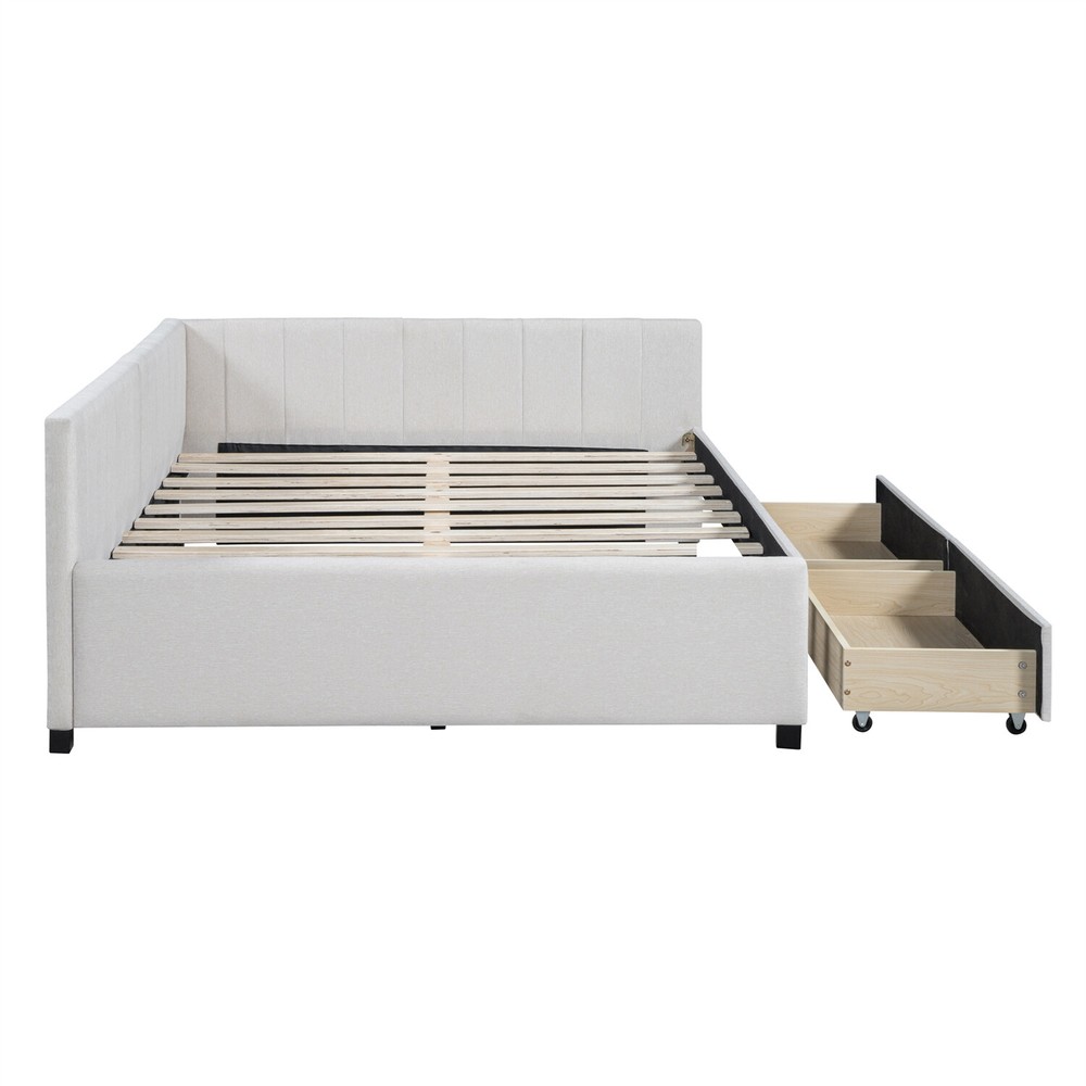 Full Size Daybed Upholstered Bed Frame Sofa Bed w/ 2 Storage Drawer Beige