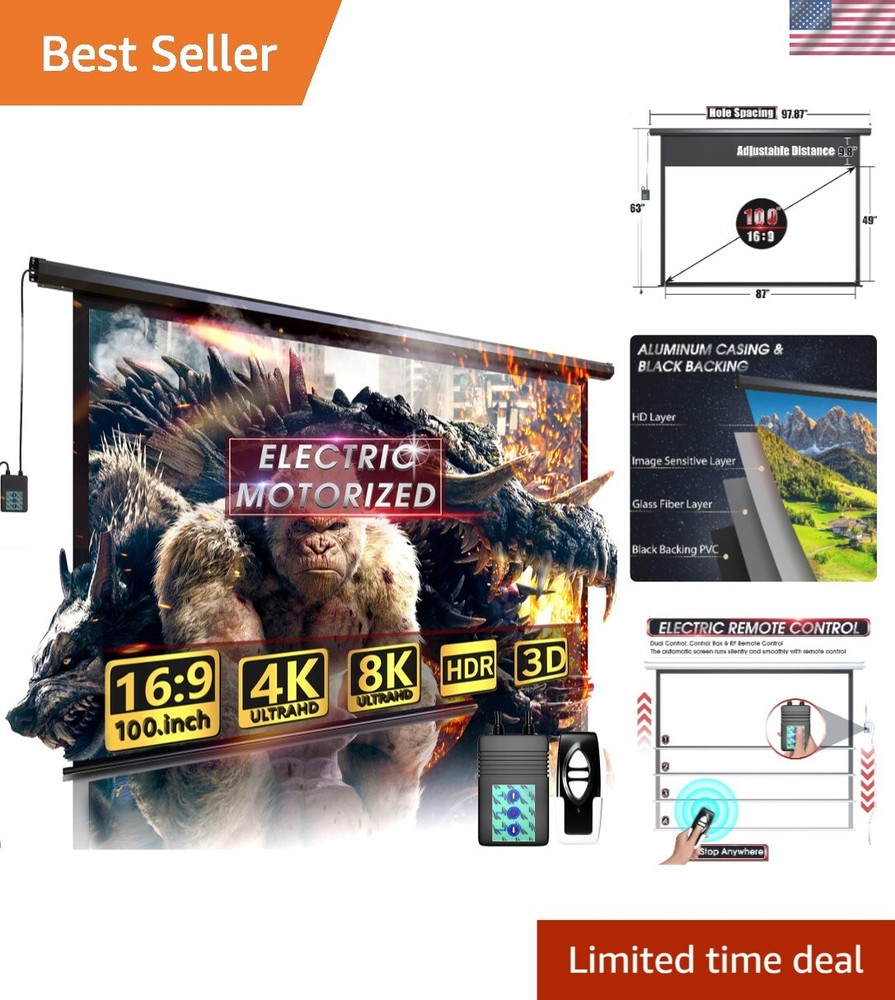 Fast Setup 100" Motorized Projector Screen - 160° Viewing Angle, Remote Ready