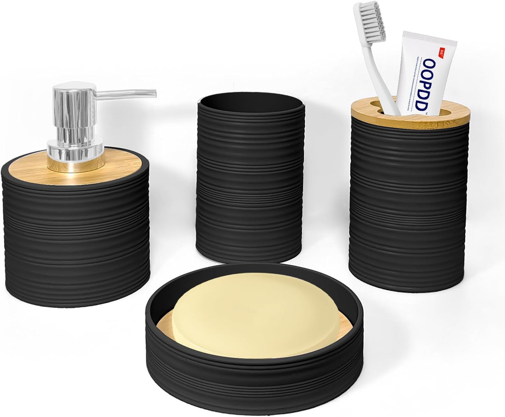 Bathroom Accessories Set 4 PCS, Bamboo Bathroom Accessory Set Includes Soap Dish