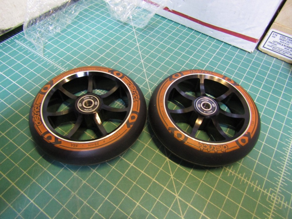 2 – District Pro Scooter Wheels (2 Pack) Size 120 X 28mm Duel Width Core New