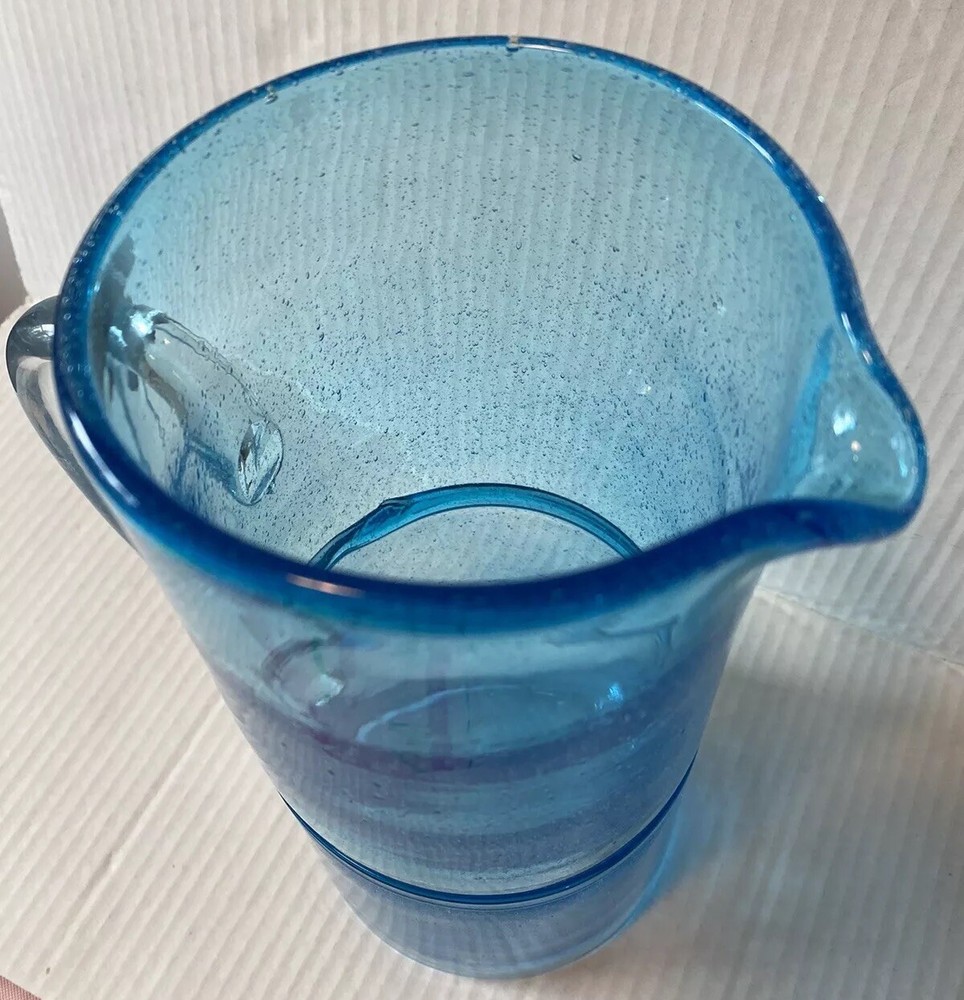 Sonoma Kitchen Hand Blown Blue Bubble Glass Pitcher Band Large