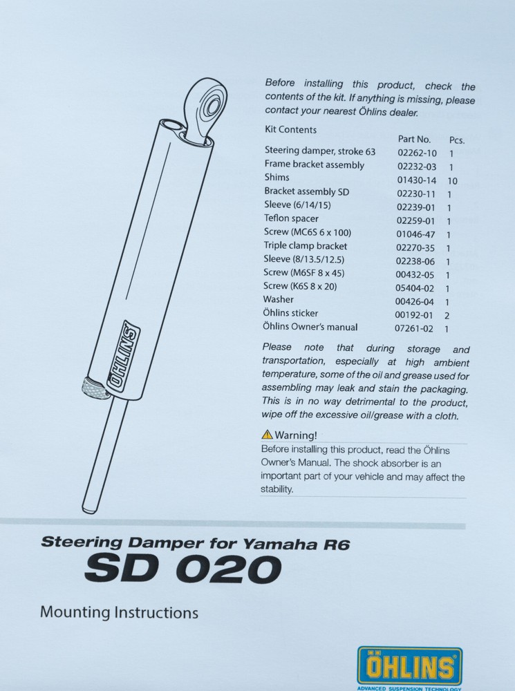 Ohlins Steering Damper for Yamaha R6 SD020 SD 020 2006-2016