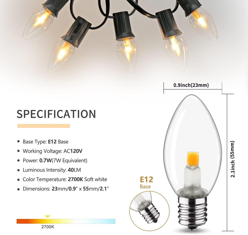 Night Light Bulb – C7 E12 LED Bulbs – Candelabra, 0.6 Watt Equivalent 7W -6 Pack
